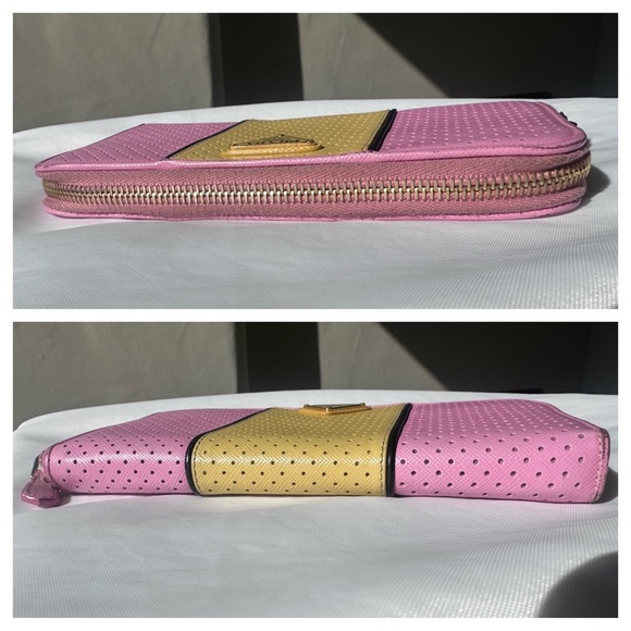 PRADA Pink Yellow Perforated Saffiano Zip Around Wallet - Picture 9 of 11
